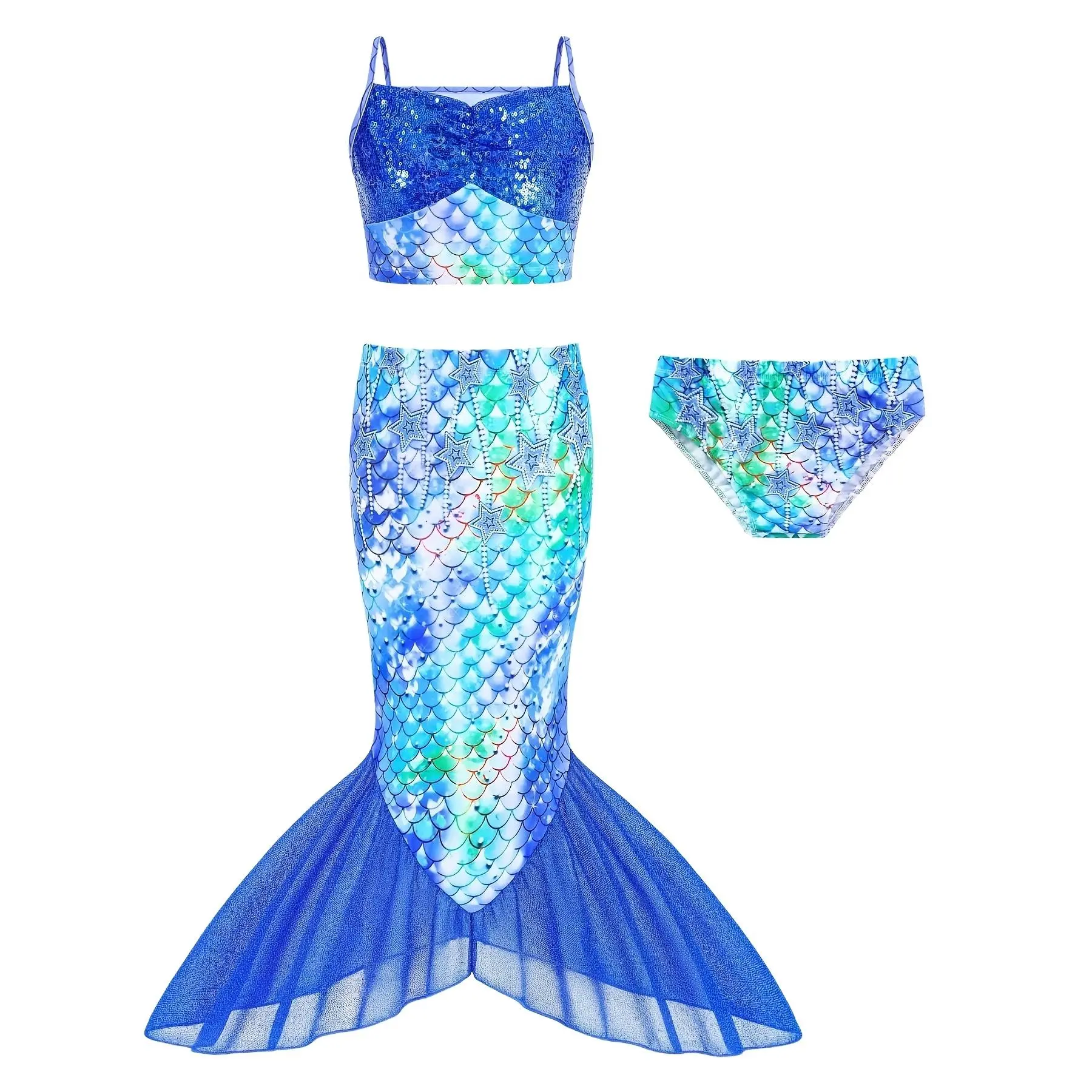 Girls' Sparkling Scale Print 2-Piece Mermaid Set - Split Fish Tail Skirt, Birthday Outfit, Pool Party Wear, Prop 65 Safe, Pool Party Outfit
