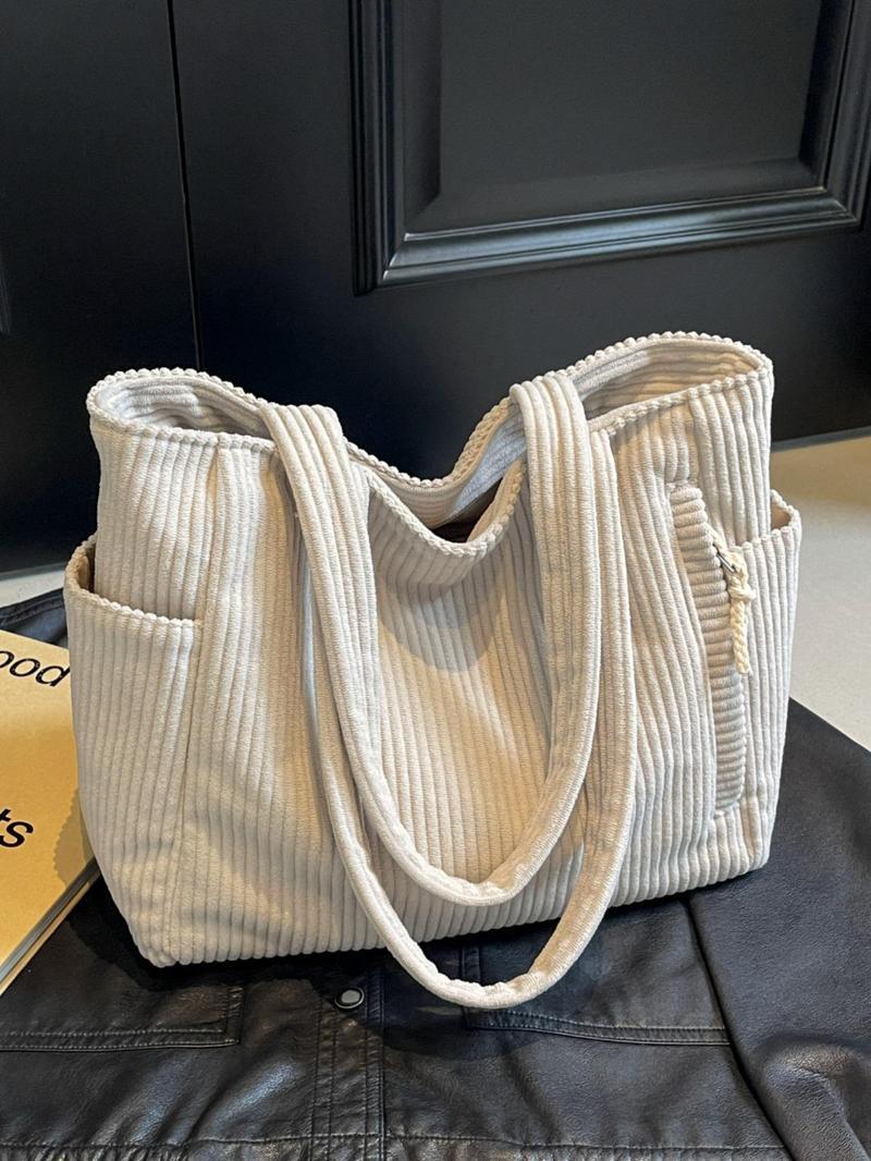 American Minimalist Corduroy Large Capacity Tote, Zipper Side Pocket, Versatile Daily Bag for Work & School