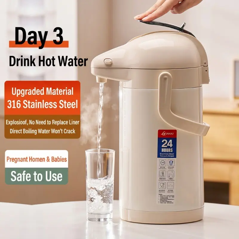 Air Pressure Thermal Coffee Carafe, 316 Stainless Steel Insulated Hot Water Dispenser Drink Pitcher, 48 Hours Heat Retention Press Type Water Jug with Child Lock & 360° Rotatable Base for Household