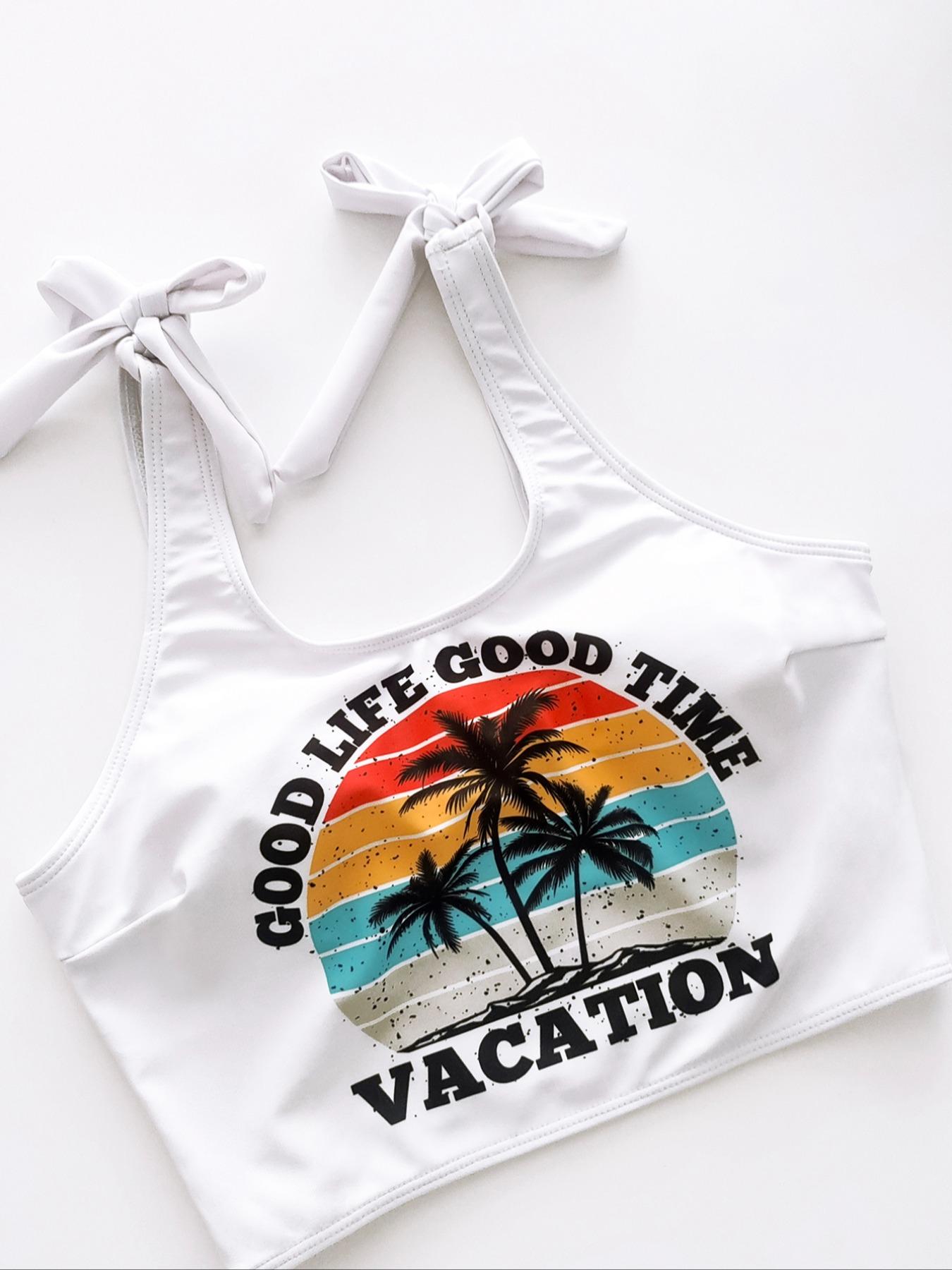 Women's Coconut Tree Print Swimsuit Crop Tankini Tops & Tankini Bottoms Swimsuits Sets, Bathing Suits, Casual Summer Swimwear Set for Beach Holiday, Tropical Print Tankini Swimsuits 2 Piece, Tankiniswimsuit, Tankinisuit, Swimming