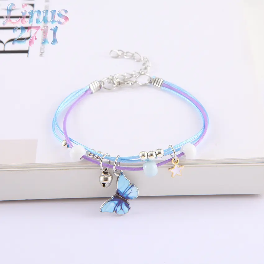 2Pcs Double Layer Blue Purple Wax Cord Butterfly Bracelets Star Bell Charms Adjustable Chain Minimalist Cold Wind Couple Matching Women Teen Girls Friendship Jewelry