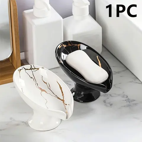 1-Piece Ceramic Leaf-Shaped Self-Draining Soap Dish, Marble Pattern Bathroom with Drainage, Easy to Clean, Shower Soap Dish