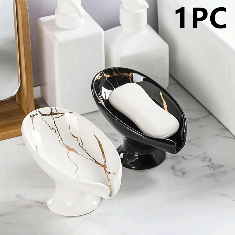 1pc ceramic self-draining soap rack Marble exterior Leaf-shaped soap dish with drainage Bathroom easy to clean keep soap dry Christmas, Christmas gifts