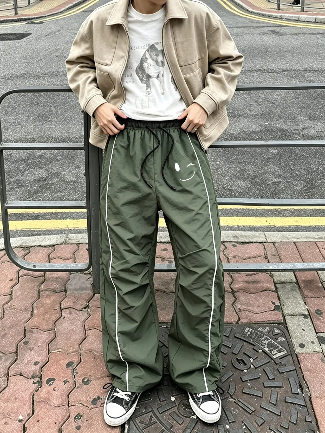 Vintage Streetwear Men Side Stripe Track Pants Drawstring Elastic Waist Adjustable Hem Minimalist Wink Smiley Face Graphic Print Daily Casual Sport Trousers