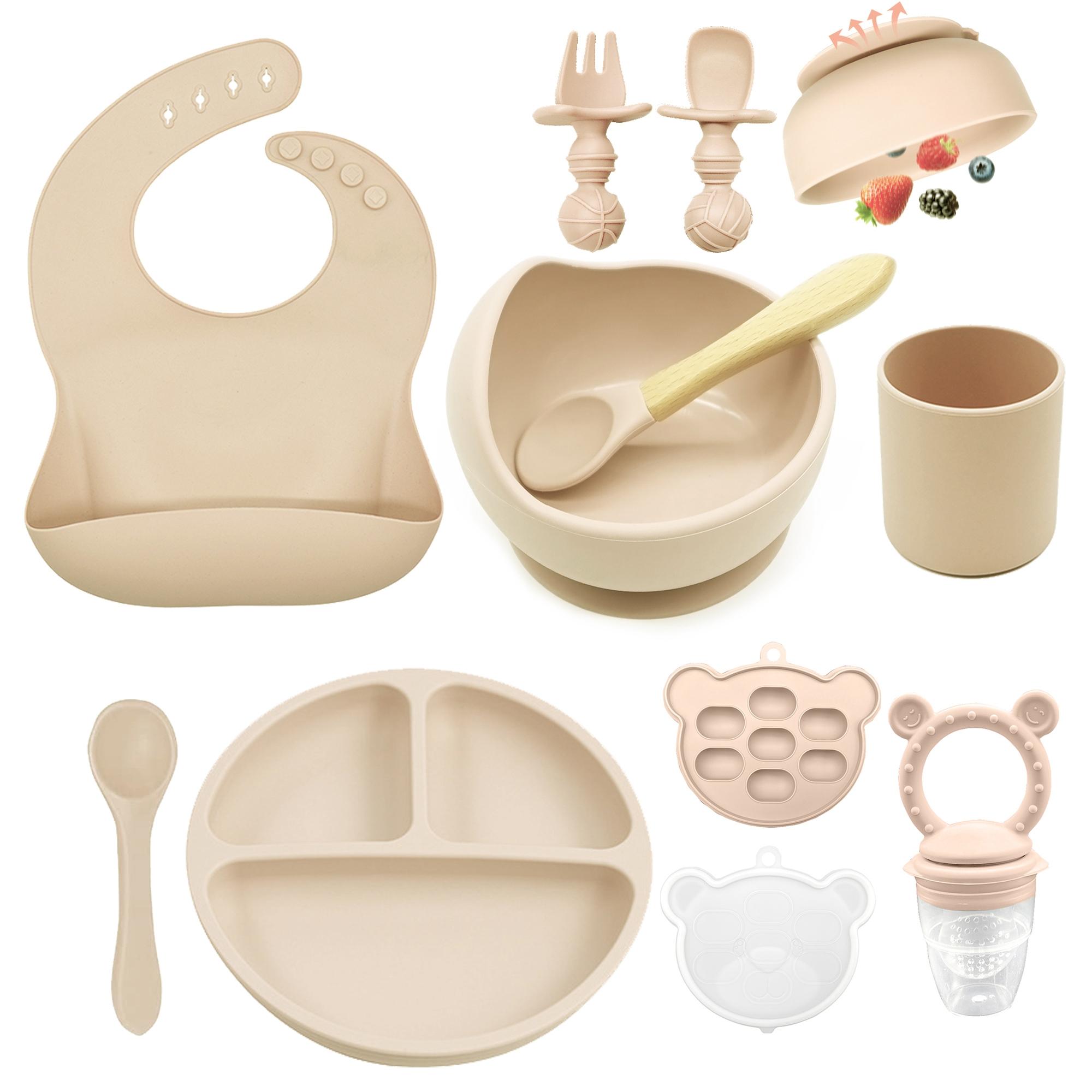 Baby Feeding Set Silicone Smiley Face Plate, Snail Bowl, Bear Food Box, Bib, Cup, Forks, BPA Free Trays, Play Food Tableware, Baby Food Tools for Infants, Cutlery Utensil Sets