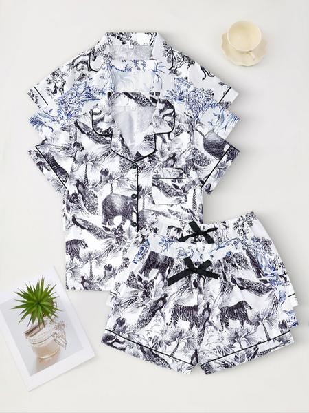 Women's Solid Contrast Binding Bow Decor Pajama Set, Short Sleeve Button Front Lapel Shirt & Shorts Pj Set, Ladies Summer Sleepwear & Loungewear