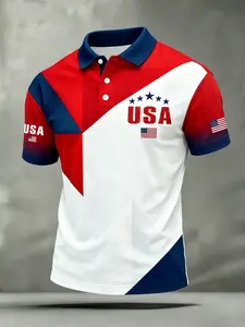 Summer Men's American Flag Print Polo Shirt, Menswear, Breathable Comfortable Neckline, Casual Sporty Style, Slim-Fitting, Daily Wear