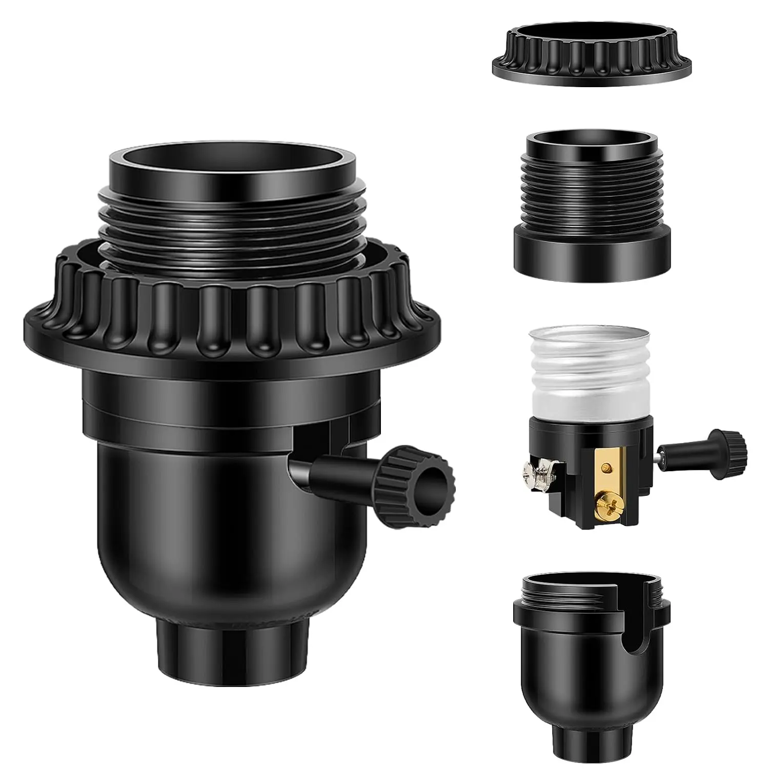 UL Listed E26 Light Socket, Threaded Lamp Socket  with /Off  Medium Base Lamp  with Lamp Shade Ring Ring for Table lamp, Floor lamp, Light Fixture, Black 1-Pack