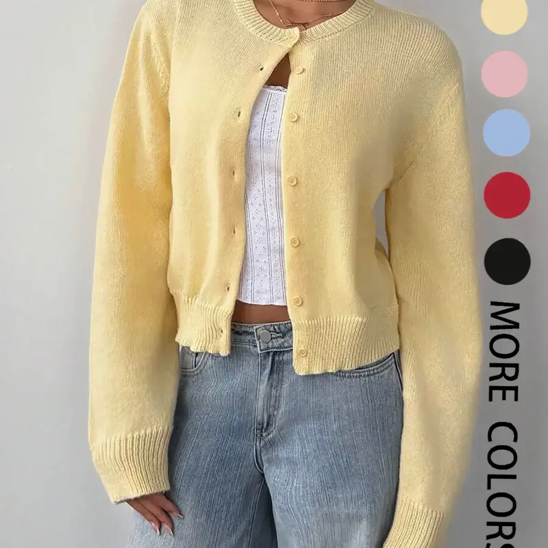 Women's Solid Color Button Front Sweater Cardigan, Casual Basic Long Sleeve Knitwear Tops for Fall & Winter, Women's Knit Clothing for Daily Wear