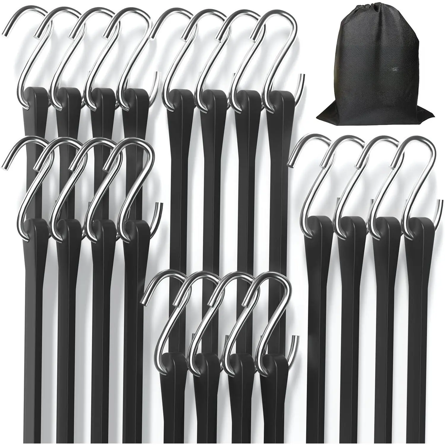 20-Pack Lashing Bungee Cords with S Hooks - 10in,15in,21in,31in Heavy-Duty Black EPDM Rubber Straps, 180lbs Load Capacity, Outdoor Tie Downs for Cold/Hot Climates