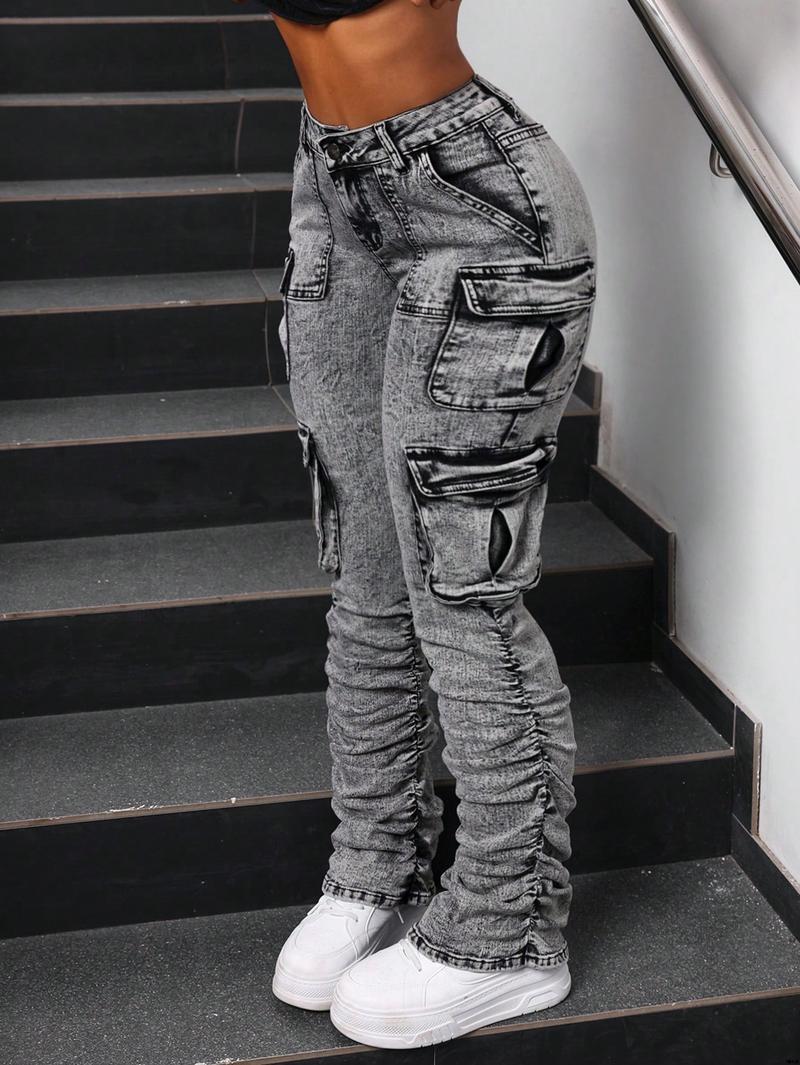 jeans style street folding pockets flap women's ICON SHEIN