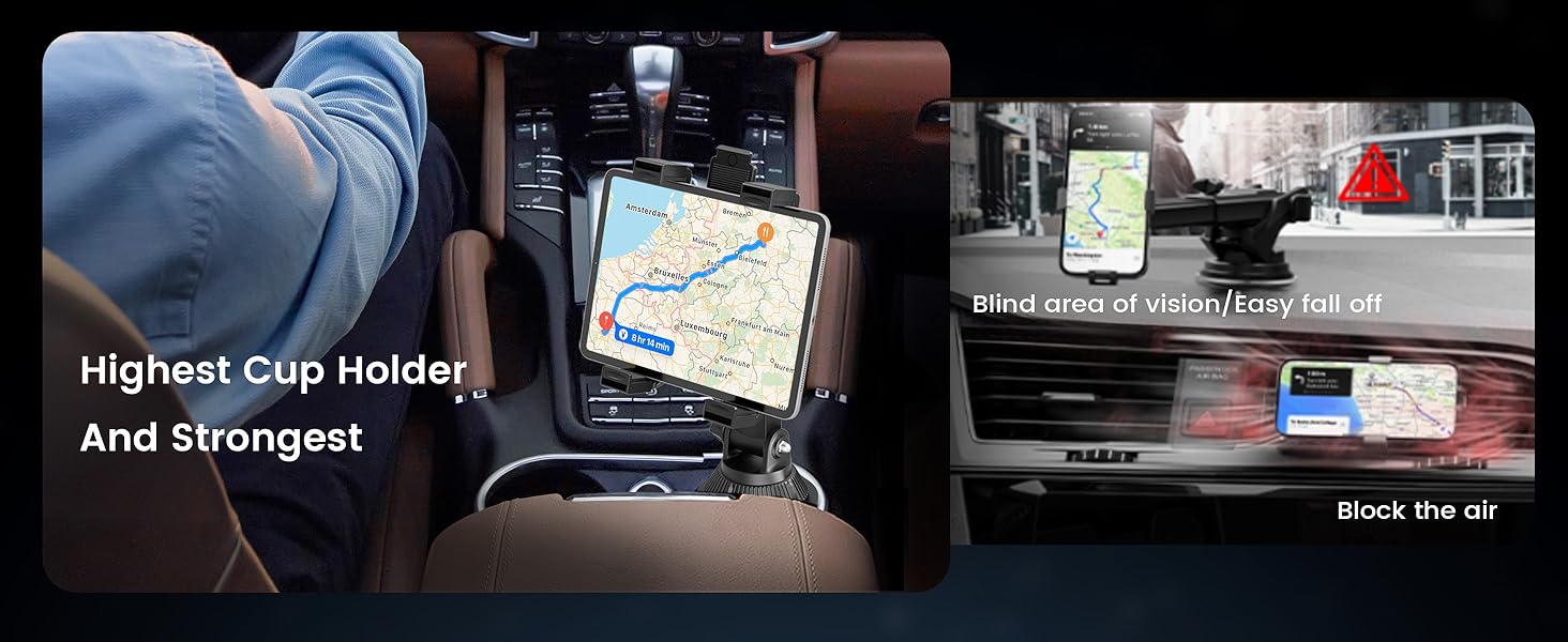 OHLPRO cup holder car tablet mount suitable for trucks, universal iPad holder for 7-11inch iPad Pro Air Mini, Galaxy Tab, adjustable arm, expandable and flexible car mount, suitable for road trip essentials, travel accessories