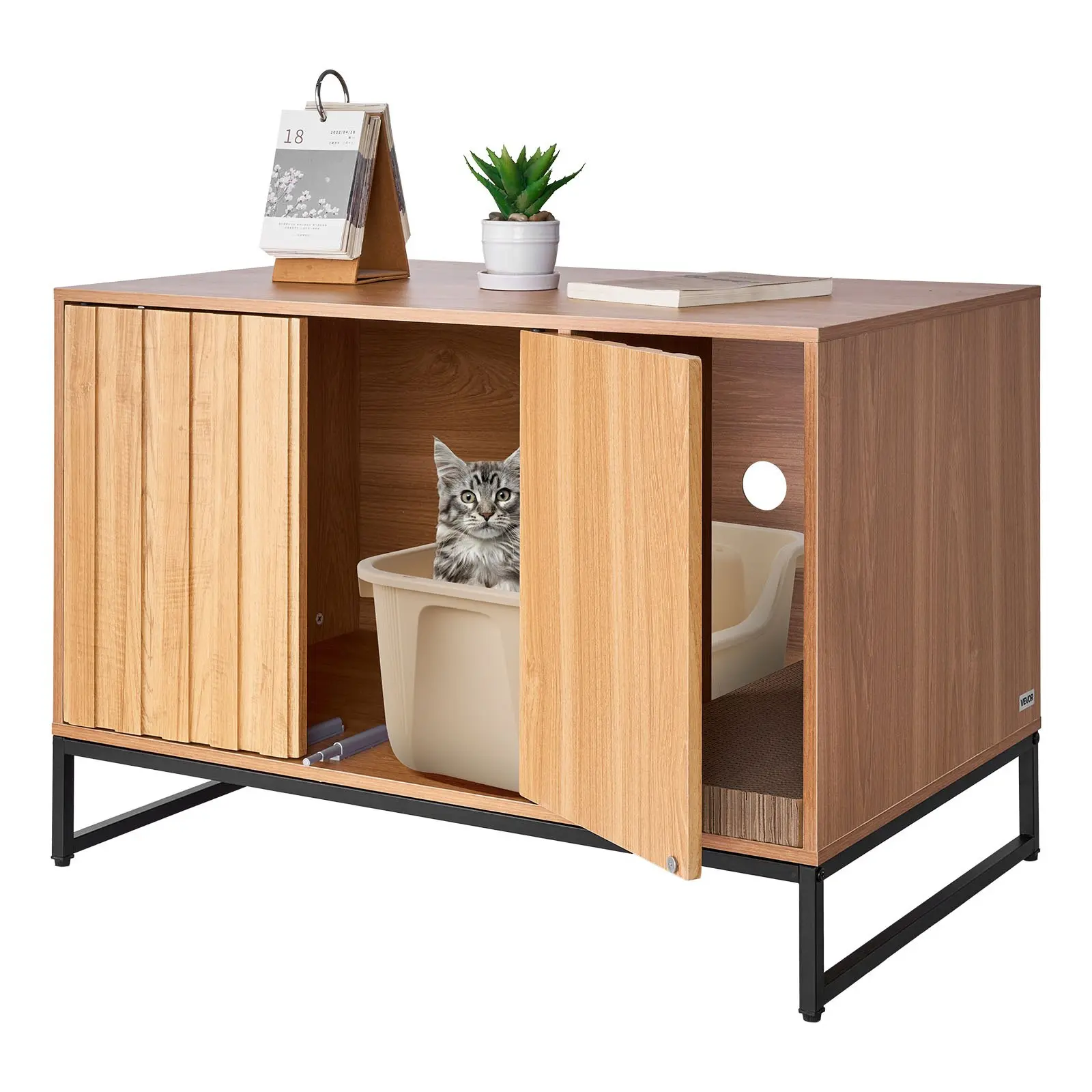 VEVOR Cat Litter Box Enclosure Furniture, 31.5 in Hidden Litter Box Cabinet with Scratch Pad Storage, Waterproof Cat Washroom End Table Cat House, Fit Most of Litterbox, for Bedroom Living Room
