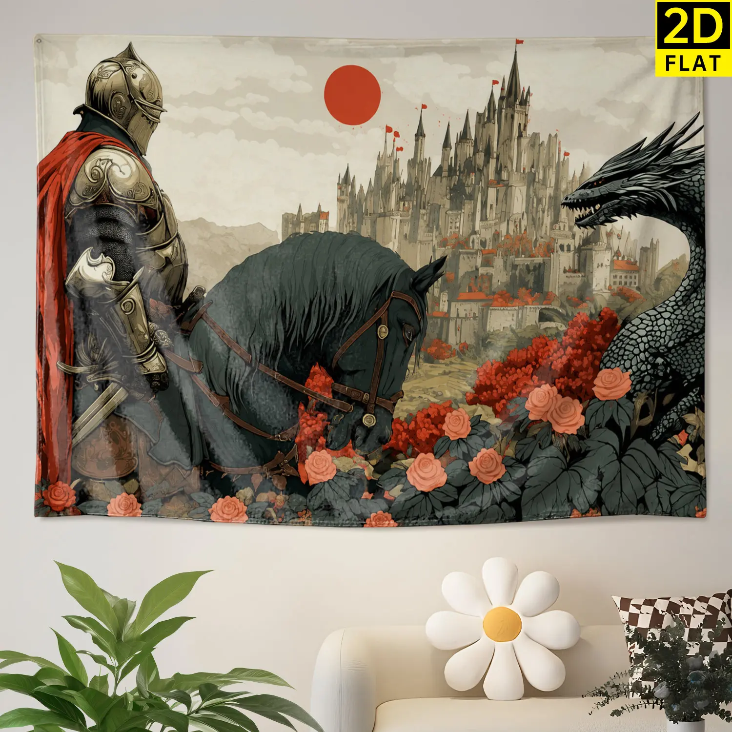 Medieval Knight Dragon Castle Polyester Wall Tapestry - Large Printed Horizontal Artwork, Colorfast Whimsical Home Decor, No-Installation Dining Room Wall Decor Home Inspo Piece, Room Decorations Gift for Family