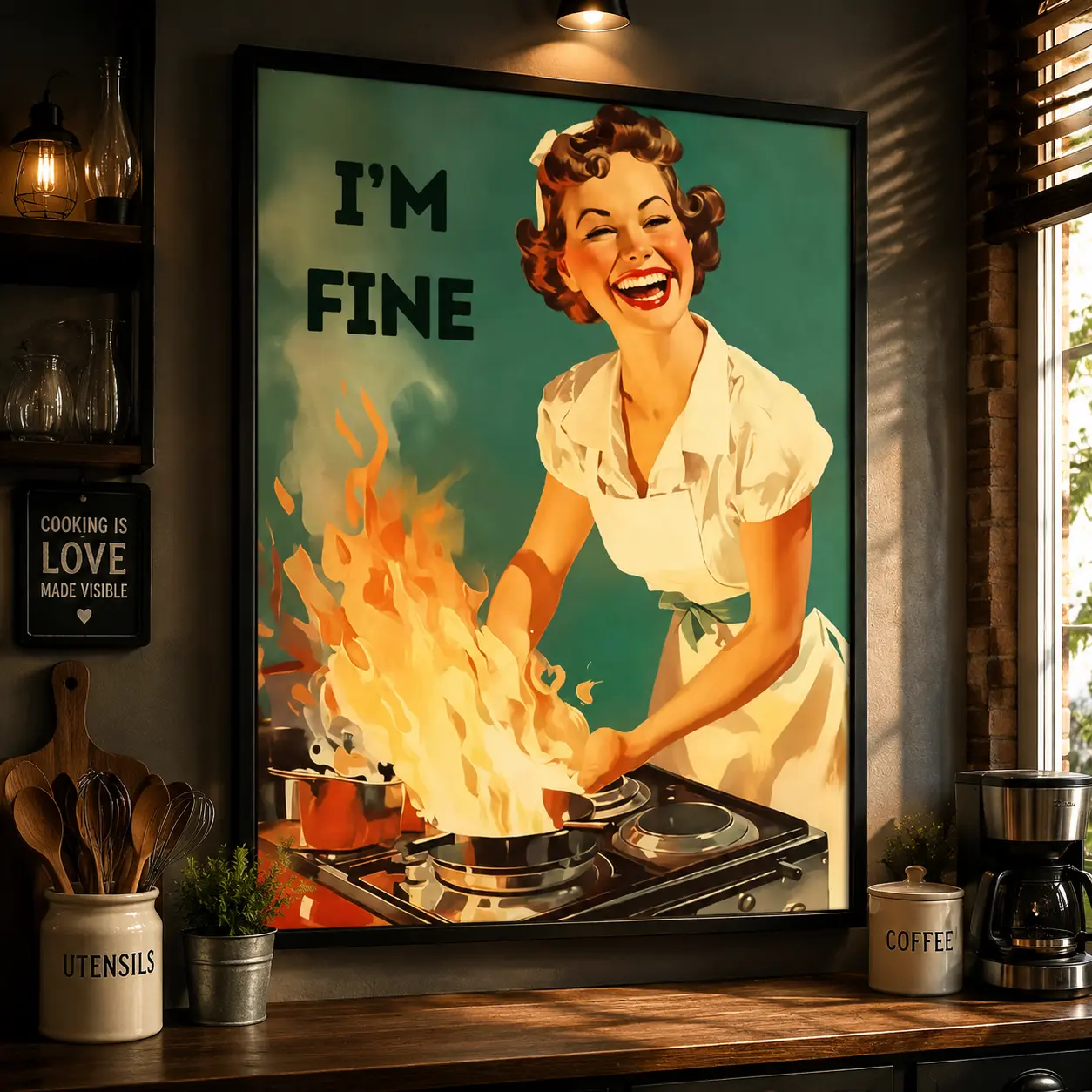 Retro 1950s Housewife Cooking Poster – Vintage Cartoon Kitchen Wall Art, Retro Kitchen Decor, Vertical Print, Funny Kitchen Wall Decor, Vintage Home Decoration, Cooking Lover Gift, Farmhouse Kitchen Artwork