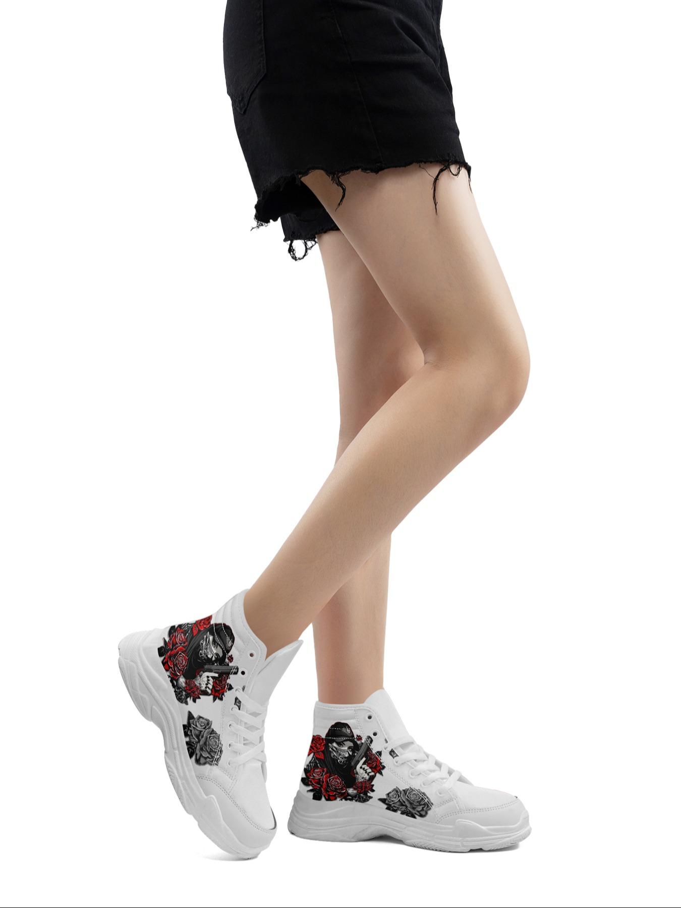 Women's Fashionable Rose & Lady Pattern Lace Up High Top Sneakers, Casual Comfortable Sports Shoes for Daily Wear, Breathable Non-slip Shoes for All Seasons