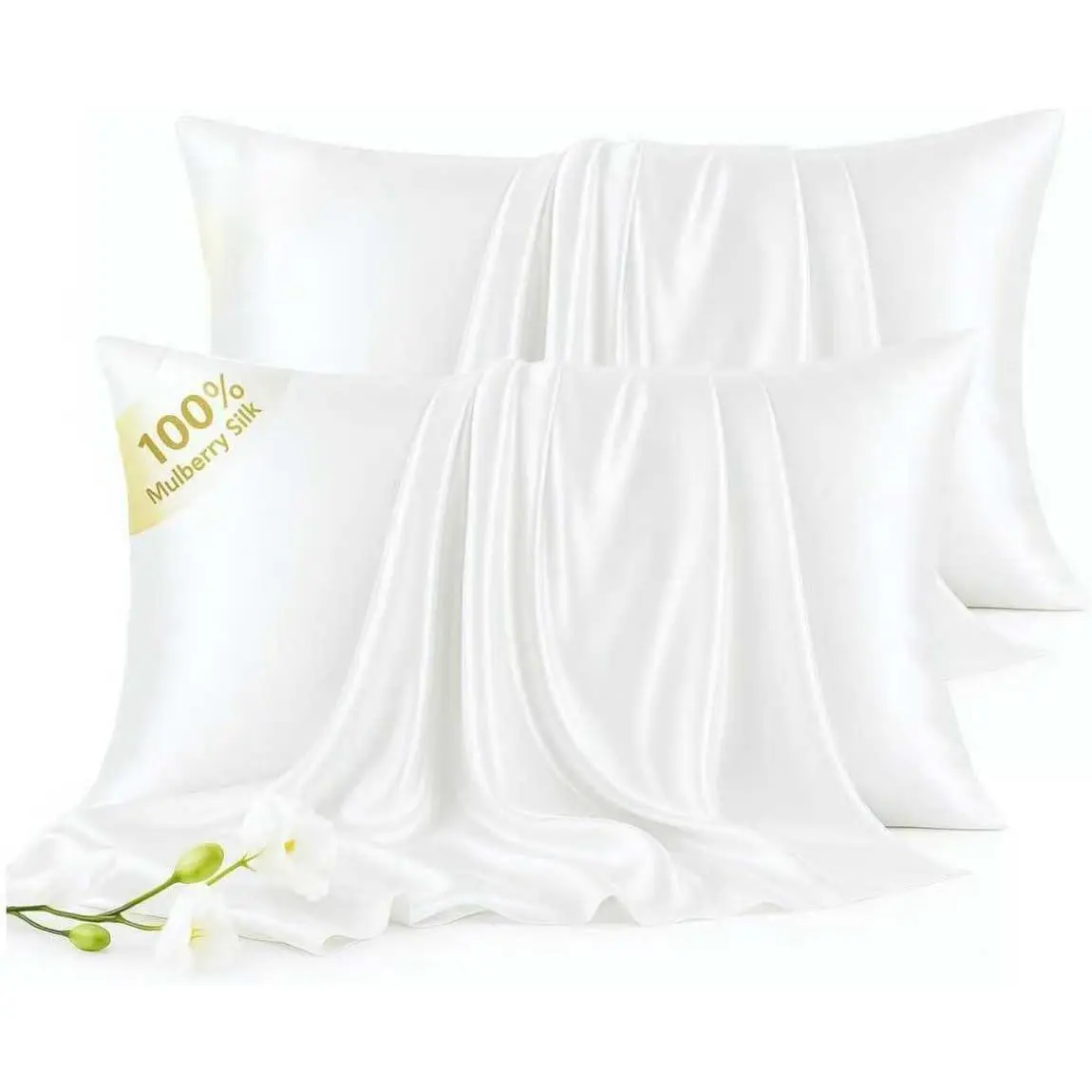 Mulberry Silk Pillow Cases 2 Pack for Hair & , 6A Grade  Pillowcases with  Zipper, Anti-Aging Anti-Frizz, Machine Washable, Luxury (White,Standard)