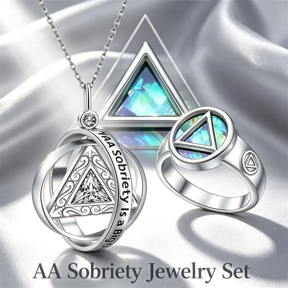 Minimalist AA Sobriety Jewelry Set for Women, Abalone Shell Inlaid Triangle Sobriety Ring, Rotatable Spinner Fidget Pendant Necklace Inlaid with Cubic Zirconia Stones, Stress & Anxiety Relief Recovery Gift for Anniversary AA Meeting Daily Wear