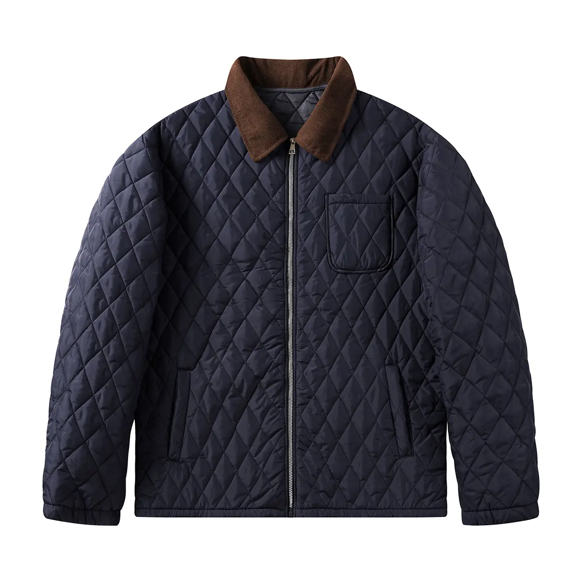Men's Navy Blue Diamond-Stitched Full-Zip Lightweight Polyester Jacket - Brown Contrast Corduroy Collar, Multi-Pockets, Loose-Fit, Long-Sleeve, Elastic Cuff for Fall Winter Commute, Daily Casual Wear