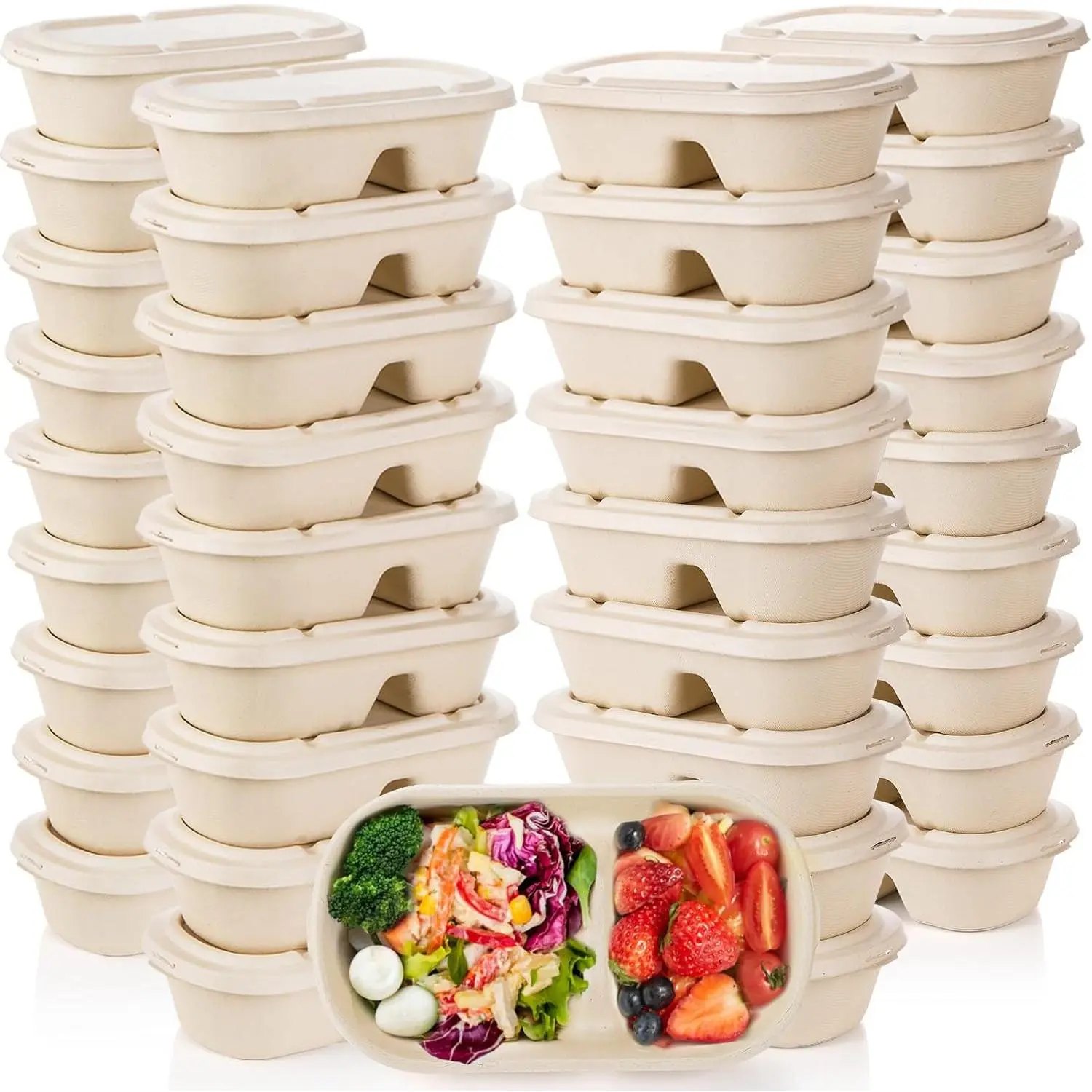 50 count Compostable Take Out  Containers with Lid, 33 oz Bagasse to Go Container 2 Compartment Rectangular Disposable Paper Bowl, Meal Prep  Container for Salad Leftovers