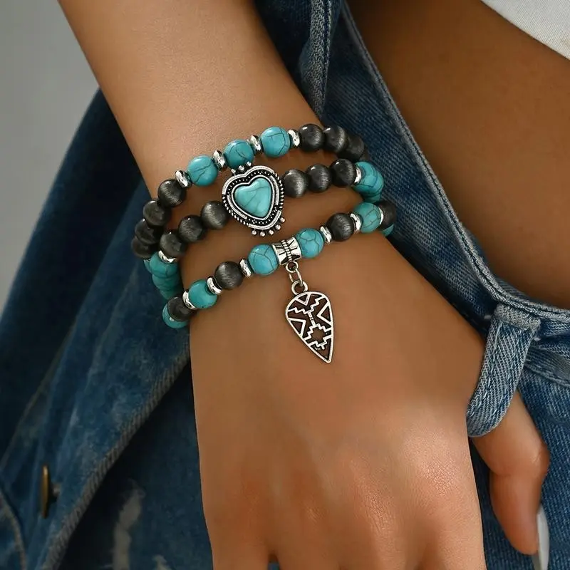 Bohemian Style Turquoise Beaded Bracelet with Heart Charm - Perfect for Everyday Wear and Parties