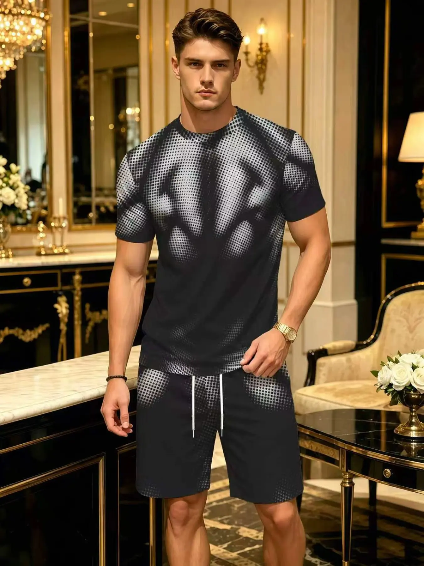Men's Casual Short Sleeve Shorts Set, All over Print, Fitted, Natural Waist, Knee Length, Medium Length, All Seasons