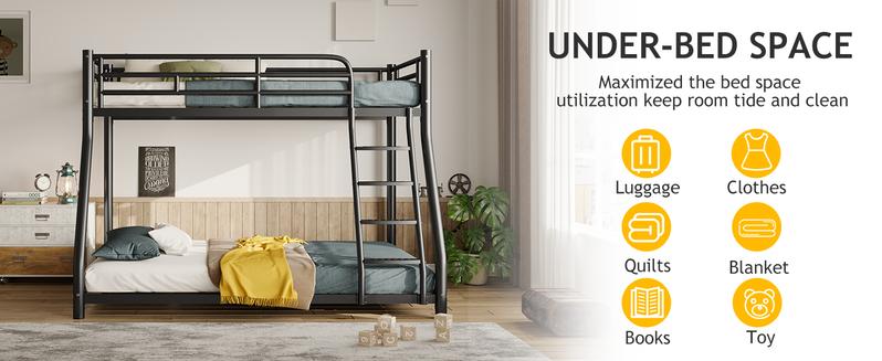 Metal Twin Over Full Size Bunk Bed for Adults & Kids,Twin Over Full Bunk Beds, Low Profile Bunkbeds with Length Guardrail and Ladder, No Box Spring Needed,Space Saving,Black