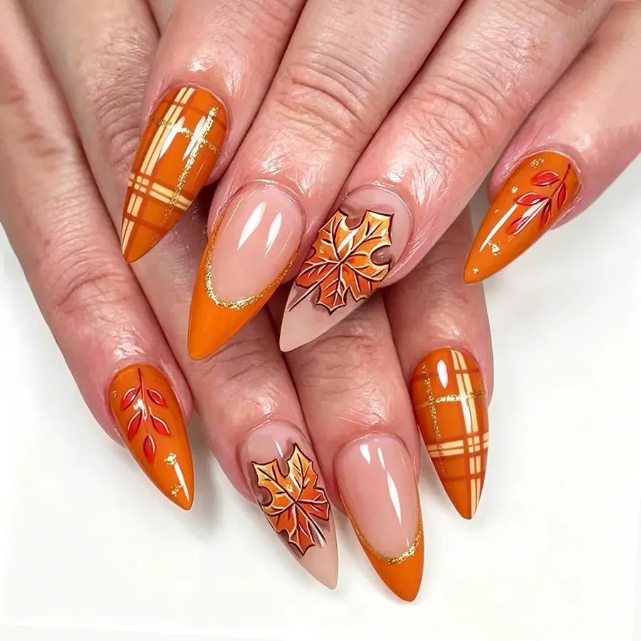 24pcs Long Water Drop Nails, French Glitter Maple Leaf Press-On Nails, Reusable Thanksgiving Nail Art, Women and Girls