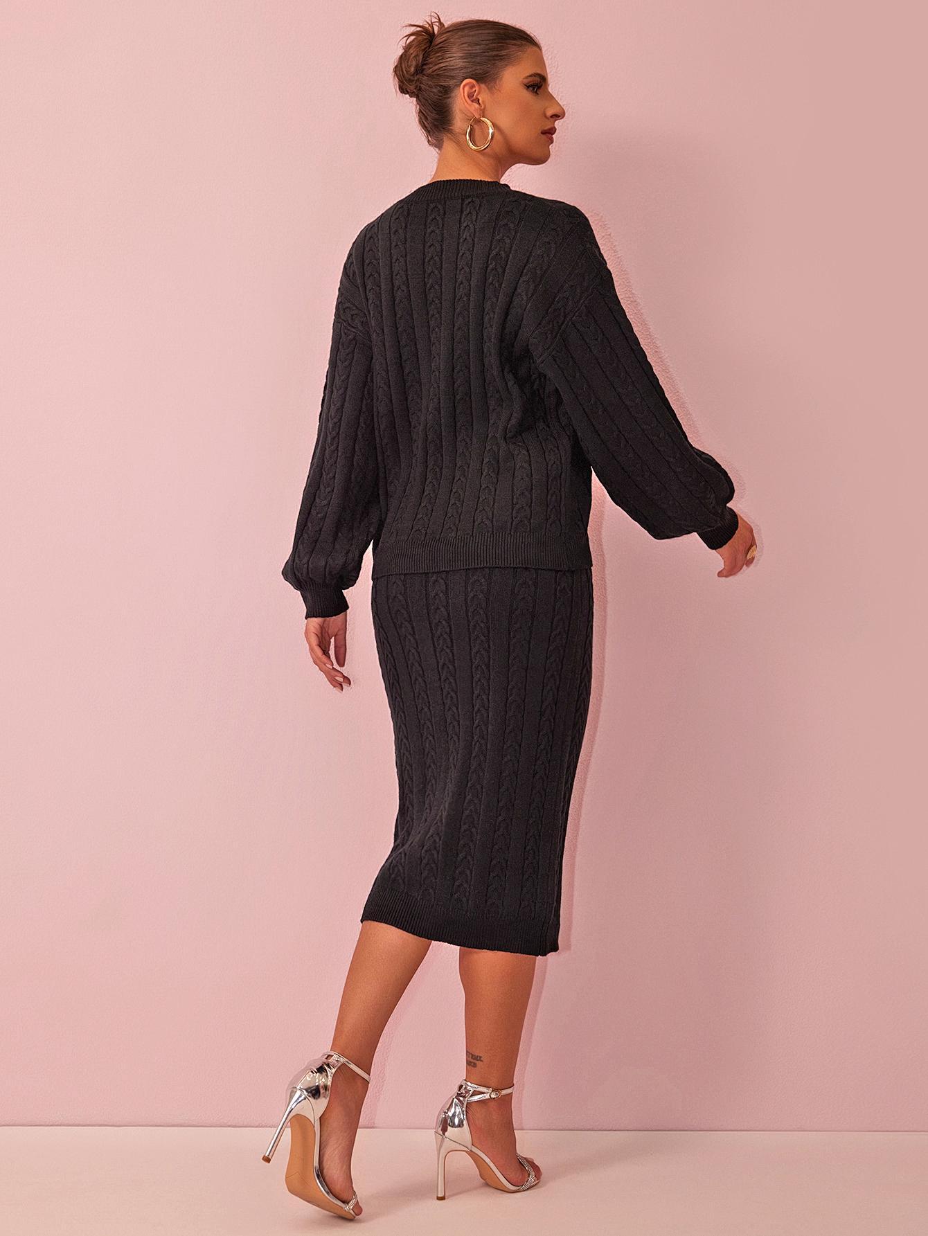 Joyfunear Ladies' casual pure-color knitted sweater & mid-length skirt set