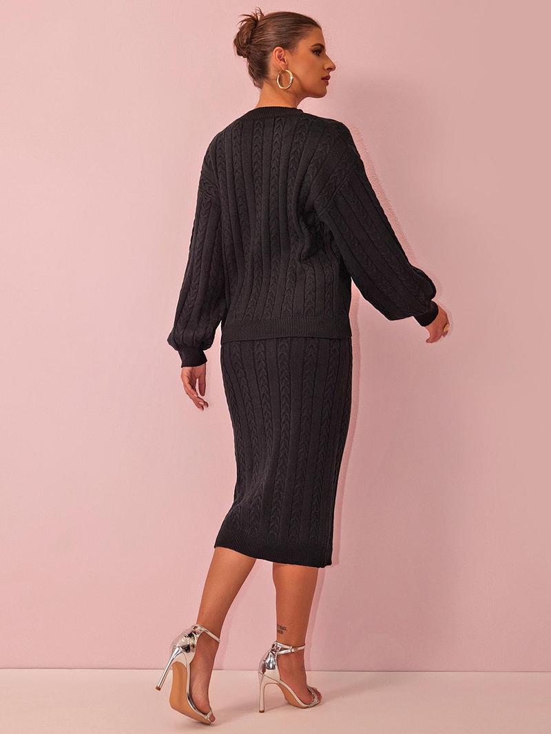 Joyfunear Ladies' casual pure-color knitted sweater & mid-length skirt set