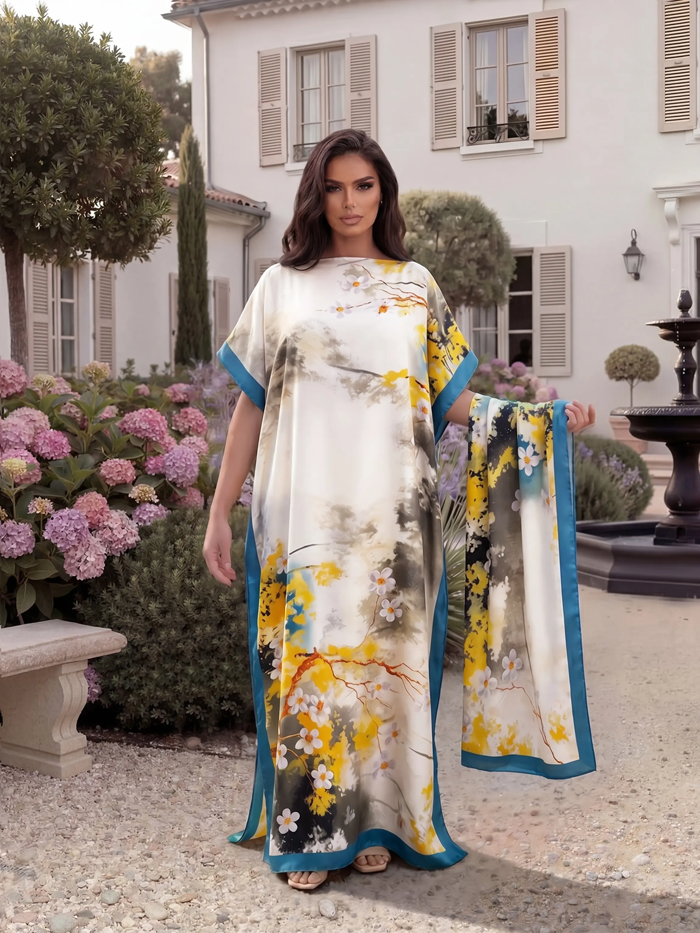 Women's Casual Landscape Print Robe Set, Long Dress with Headscarf, Beach Sun Protection, All-Season Fashion, Fitted Style
