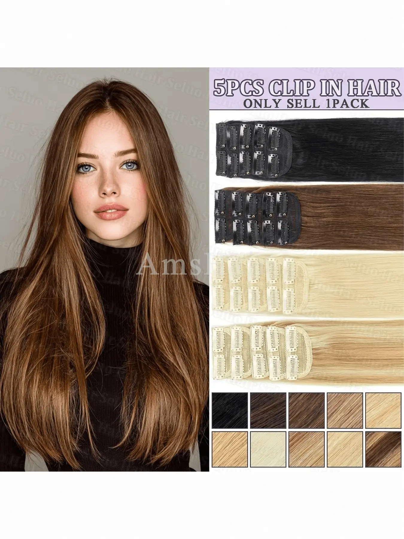5 Pcs Clip-In Straight Hair Extensions, Hairpieces, 100% Human Hair, Medium Length, Headband Style, Easy to Wear, Daily Use, Quick Application