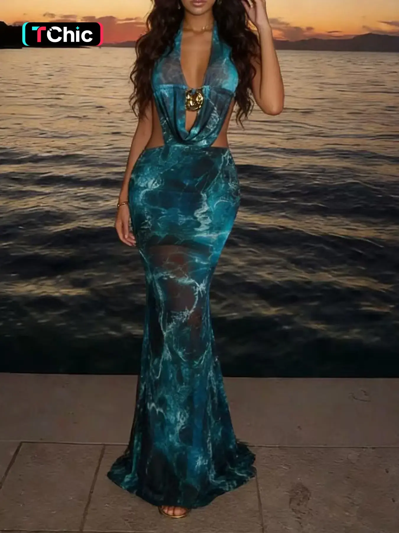 Summer Night Women's Sexy Luxurious Chic Transparent Sheer Sleeveless Evening Party Dress, Off-Shoulder Design, Hollow Out Pattern, Print, Beachwear, Mesh Material, Metal Decorations, Cocktail Dresses, Embellished Dress