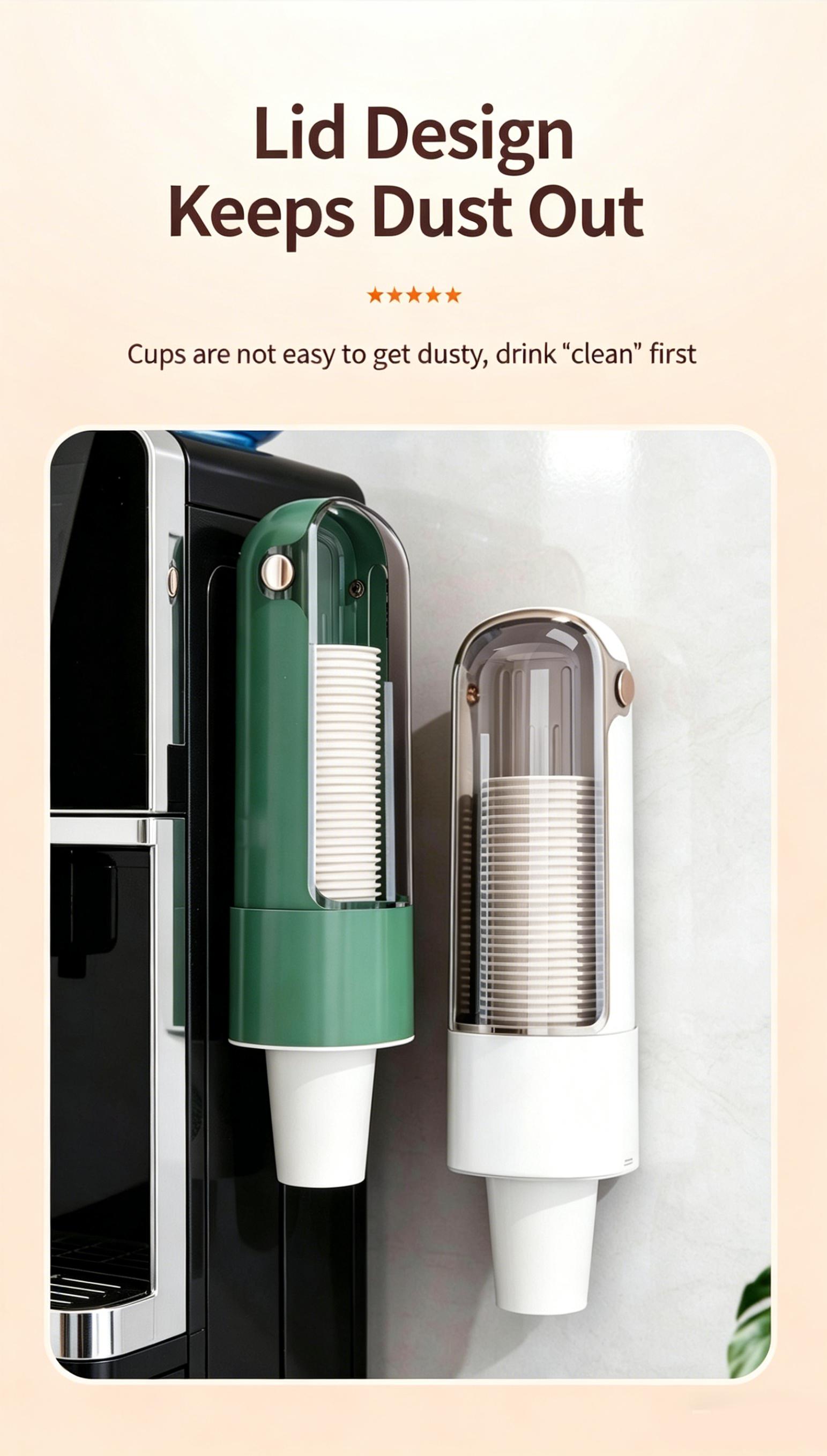 One-touch cup dispenser, automatic water dispenser, no-drill paper cup holder, dustproof kitchen storage rack, wall-mounted cup holder