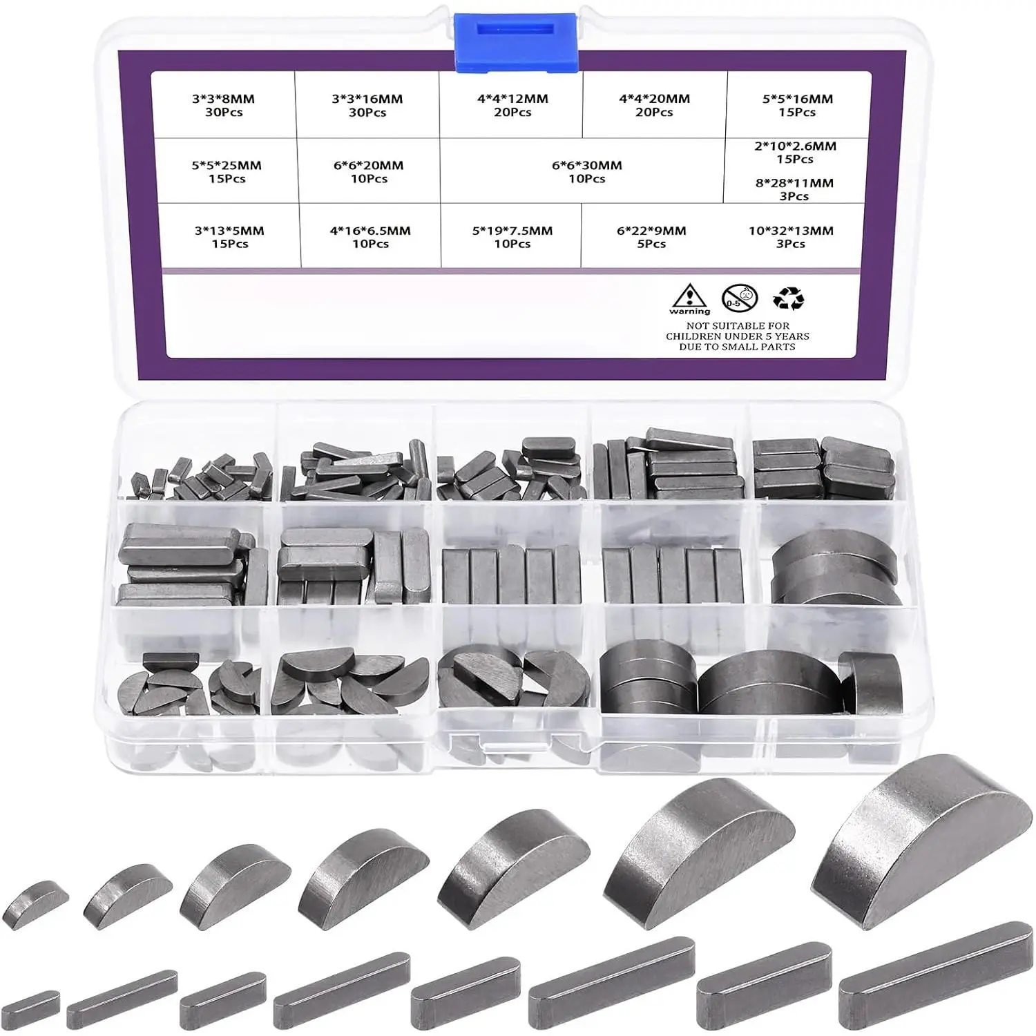 Metric spline key combination kit, containing 15 sizes of spline half-round keys, half-round keys, key slot shaft crank keys, parallel drive shaft keys, suitable for use in the fastener and mechanical industry for crankshafts