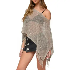 Sheer Poncho Top Glitter Mesh Lightweight Knit Crochet Shrug Batwing Sleeve Sweater Cover Up Beachwear
