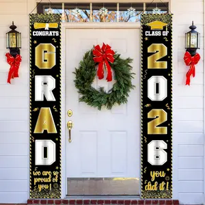 Graduation Decorations 2026 Banner Kit - Black Gold Porch Door Sign Backdrop Class Of 2026 For Congratulations/Congrats Grad School Decor Graduates Party Supplies