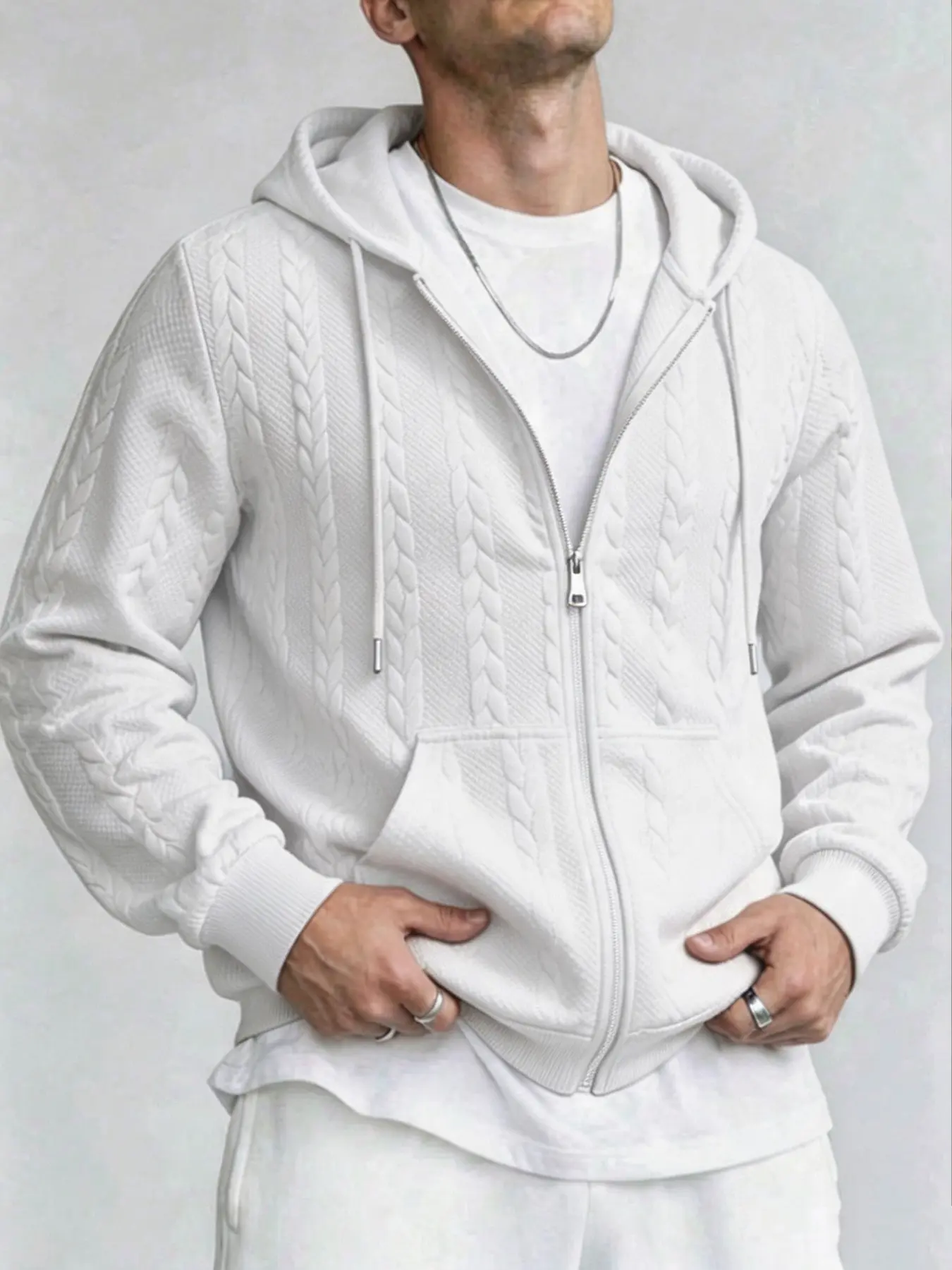Men's Fashion Textured Drawstring Hoodie with Zipper Pocket, Casual Street Style Sweatshirt, Loose Fit Pullover Jacket