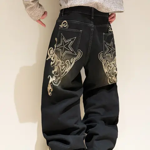 Men's Loose-Fit Jeans with Embroidered Pockets, High Street Denim, Street Style Y2K Fashion, All-Season Casual Pants, Trendy Hip-Hop Design