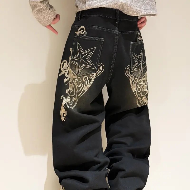 Men's Loose-Fit Jeans with Embroidered Pockets, High Street Denim, Street Style Y2K Fashion, All-Season Casual Pants, Trendy Hip-Hop Design