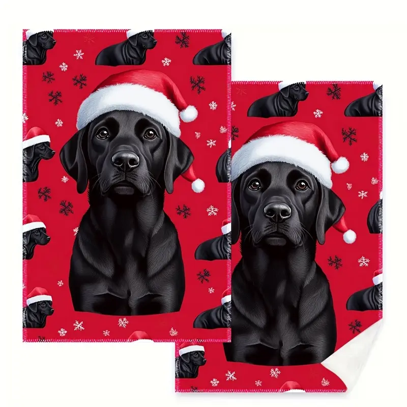 Set of 2 Christmas Labrador Retriever Kitchen Towels 16x24 Inch, Red Snowflake Santa Dog Printed Hand Towel, Christmas Gift for Lab Owners, Holiday Home Decor Absorbent Dish Cloth