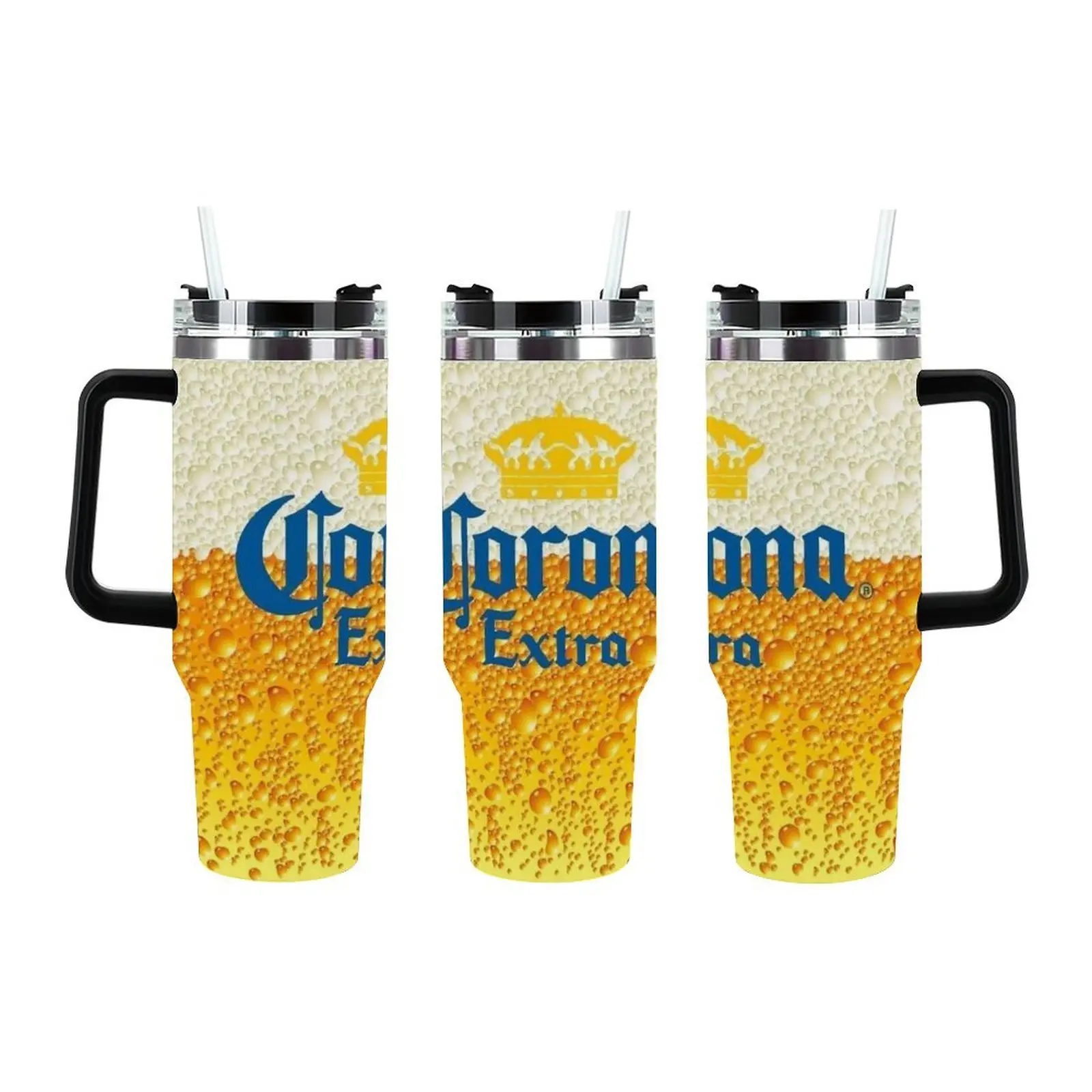 40oz Corona Extra Inspired Tumbler with Straw - Realistic Beer Foam Printed Insulated Cup, Stainless Steel Travel Mug for Cold Drinks, Beach & Tailgate Essential