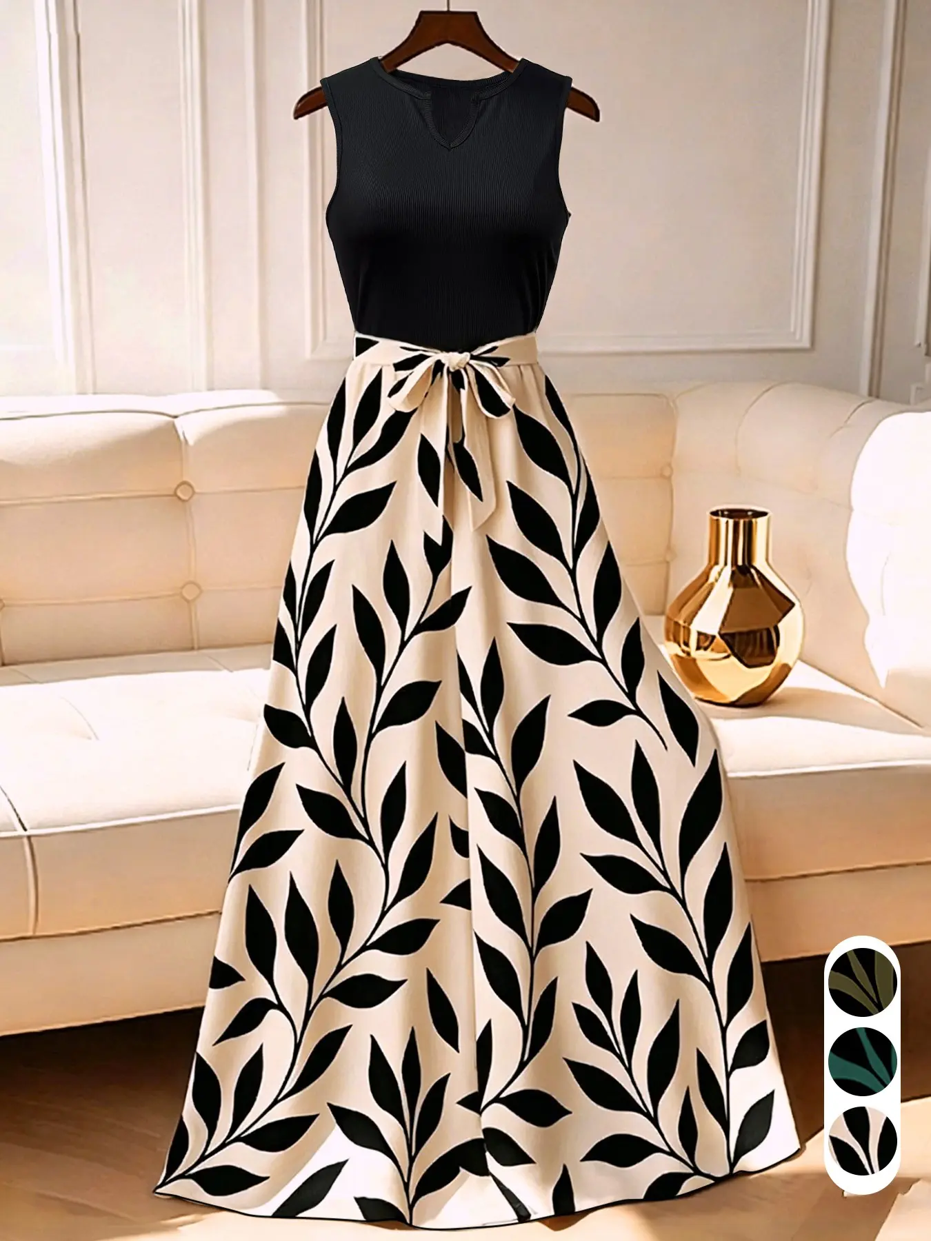 Leaf Print Patchwork Dress, Sleeveless A-Line Long Dress, Elegant Slim-Fit, Spring Summer, Waist Tie, Office Vacation Date Photo