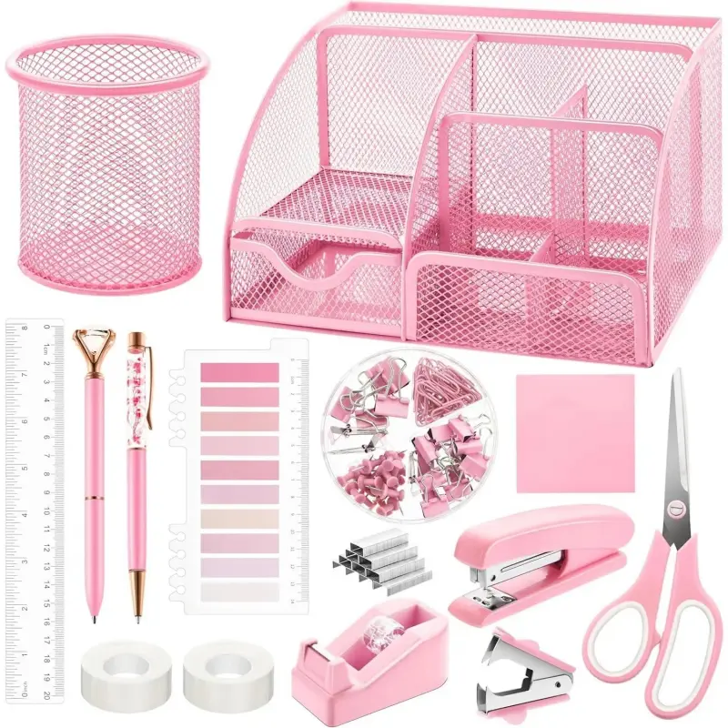 Pink Mesh Desk Organizer Tidy Kit (11-Piece) - Aesthetic Desk Accessories, Desktop Accessory, College School Supplies, Stuff for School Includes Stapler, Tape Dispenser, Staple Remover, Clips, Ruler, Sticky Notes for Office, Home (Women's), School Supplie