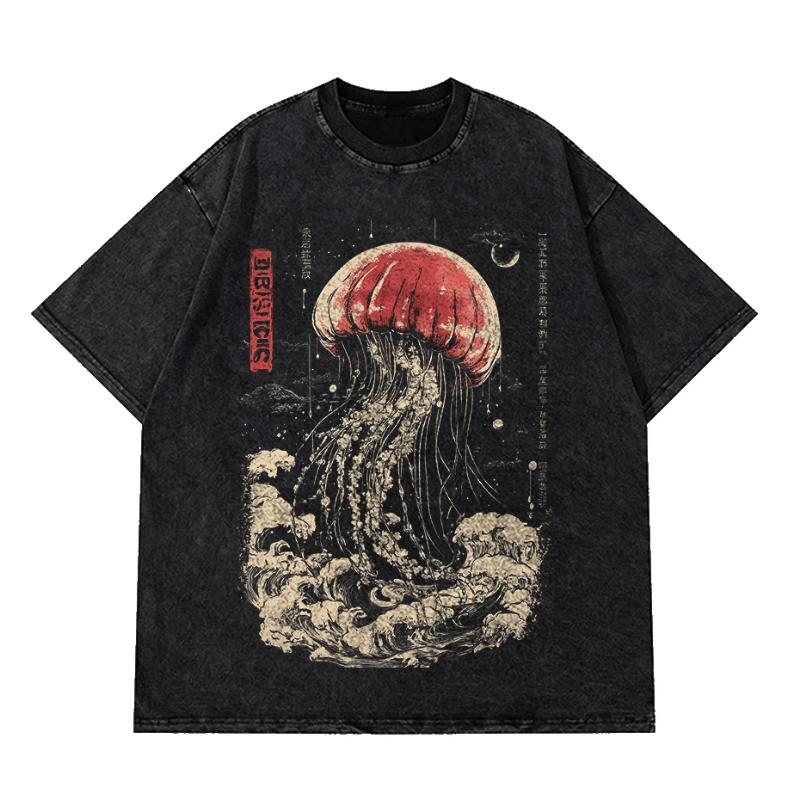 Kyn Apparel Oversize Vintage Man Cotton T-Shirts Swimming Colorful Jellyfish Print Mens Short Sleeve Japanese Harajuku O-Neck Tops All-math
