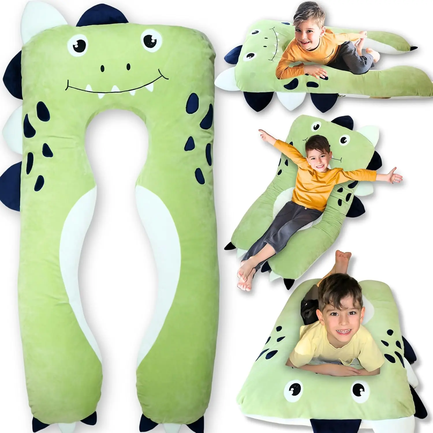 Dino Kids U-Shape Body Pillow, 47-Inch Plush Animal Cuddler for Sleeping & Anxiety Relief, Unisex Snuggle Gift with Washable Cover, Snuggle Fun Cuddle