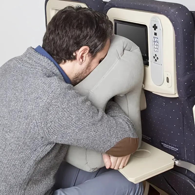 1 inflatable pillow to support neck and head, PVC flocking, prone sleeping pillow, easy to inflate valve, Travel neck cushion, suitable for airplane/high-speed rail/office/car
