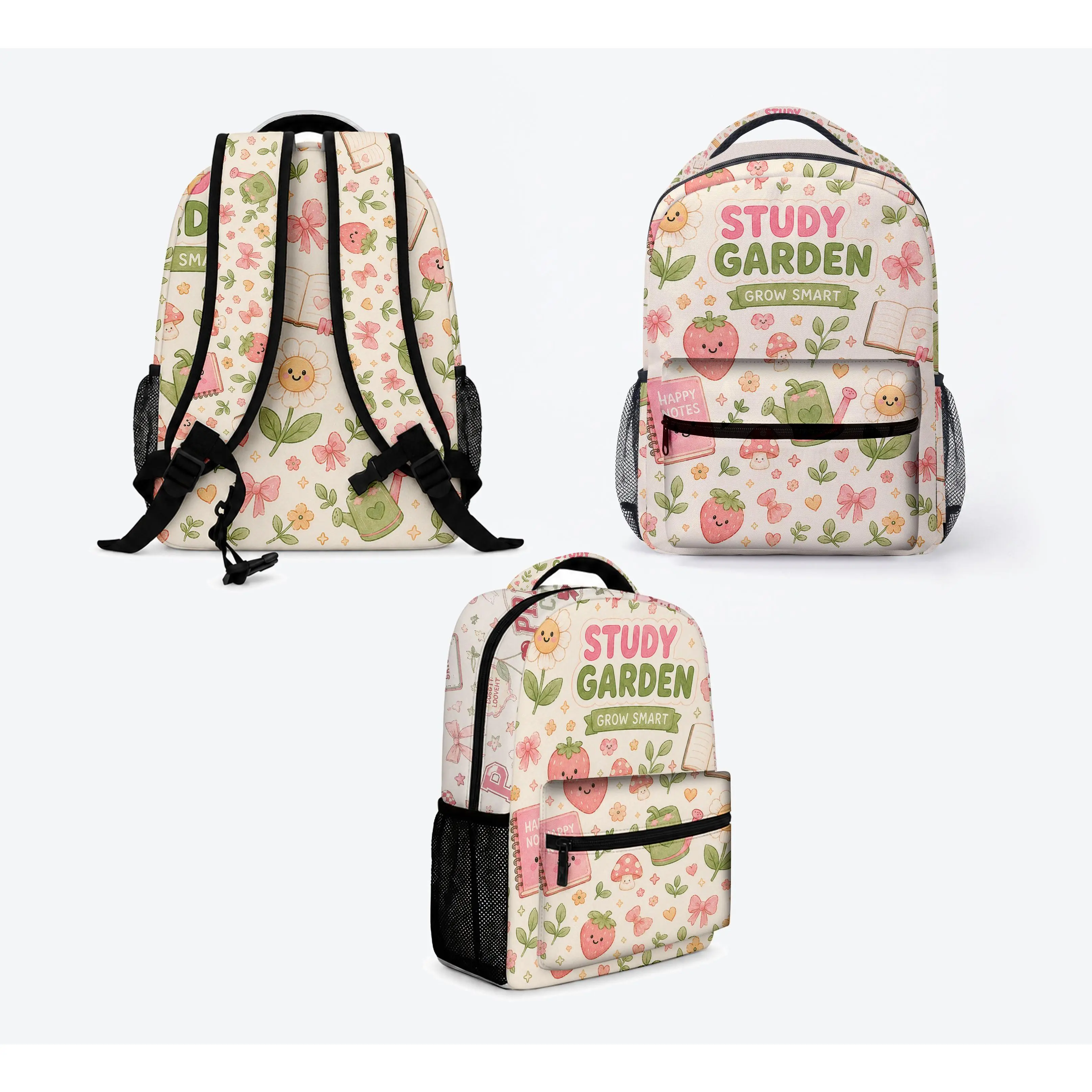 Cute Strawberry Floral School Backpack for Girls & Teens, Study Garden Bookbag, Daisy Mushroom Notebook Graphic, Front Zipper Pocket, Dual Mesh Side Pockets, Top Carry Handle, Back to School Student Daypack,bookbag,school backpack, multiple style