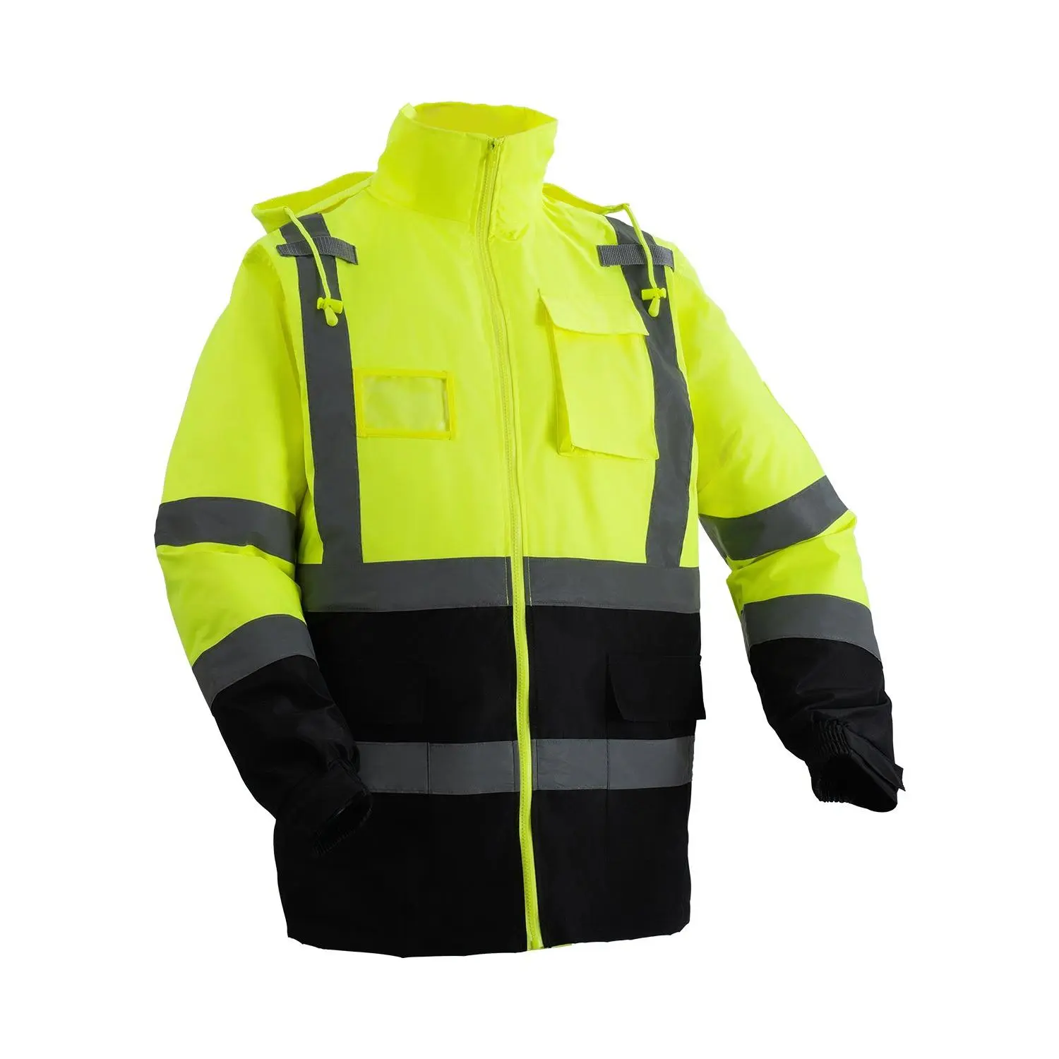 VEVOR High Visibility Reflective Safety Jacket, Waterproof Safety Hoodie, Work Construction Coat with Pockets for Men Women, Rain Gear Meet ANSI Class 3, Hi Vis Yellow Coat with Black Bottom, L