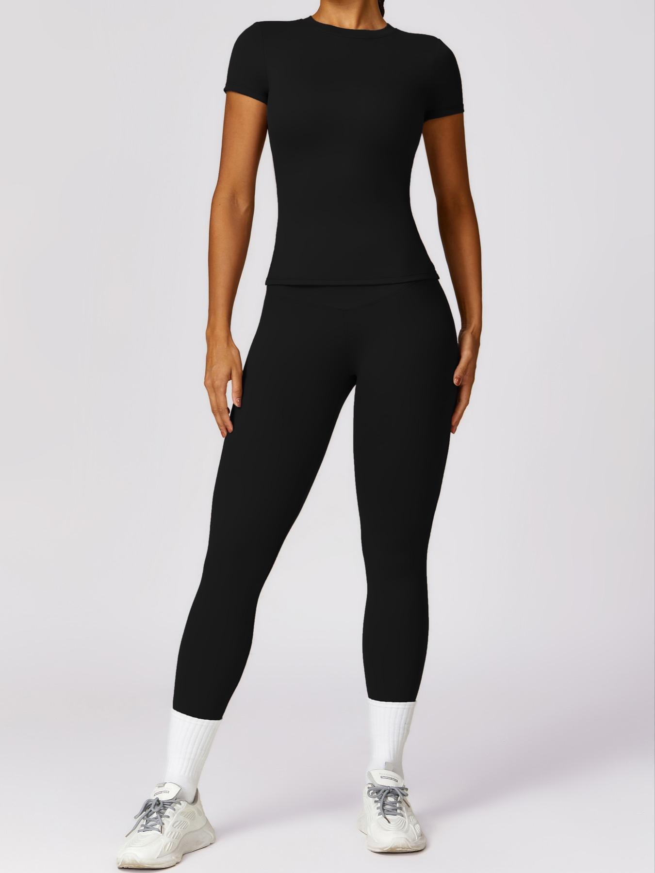 Women's Plain Round Neck Crop Tee & High Waist Leggings Yoga Set, Breathable Quick-Drying Short Sleeve T-Shirt & Skinny Pants Set for Gym Workouts and Running, Workout Running Clothes, Ladies' Sportswear for All Seasons